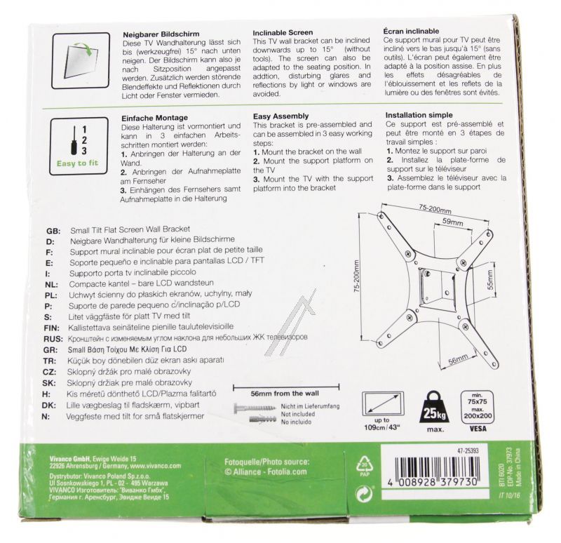 BTI 6020 TV-Wandhalterung Vivanco 37973 Neigbar, VESA 200, 25kg