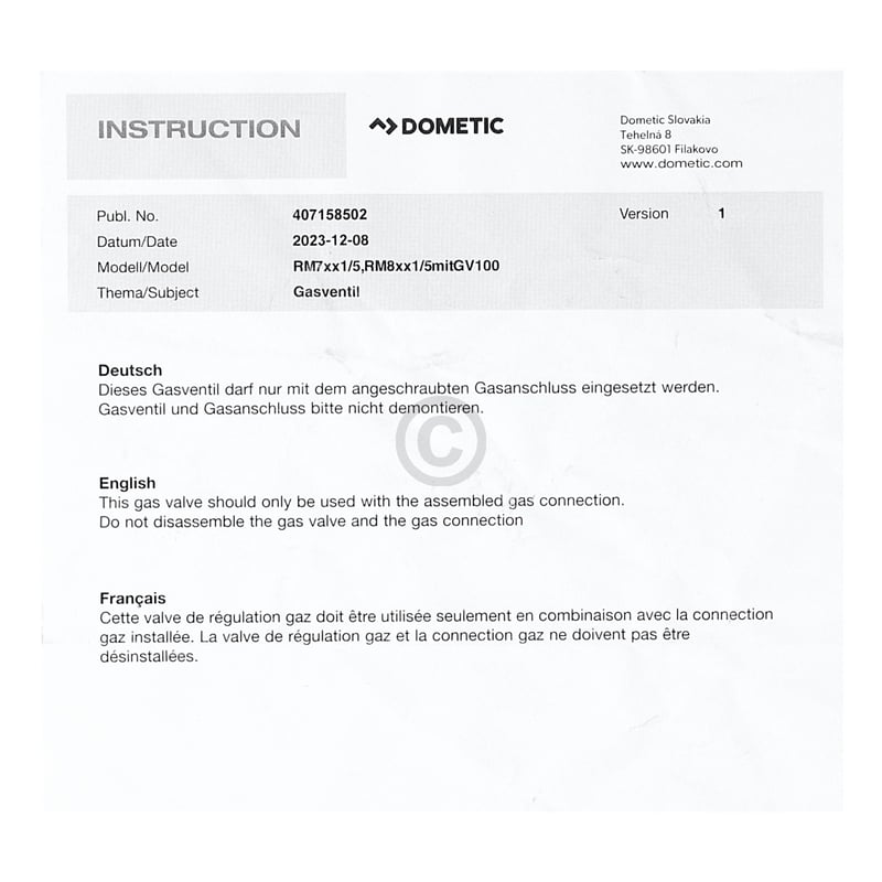Gasventil mit Gasanschluß DOMETIC 407158683 für Absorberkühlschrank