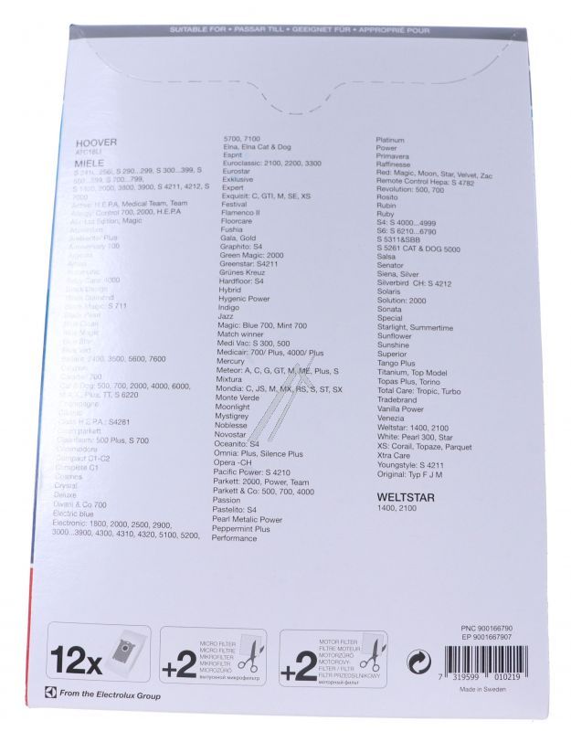 Staubsaugerbeutel-Set für Staubsauger Electrolux 9001667907 12 Beutel + 2 Mikrofilter + 2 Motorfilter