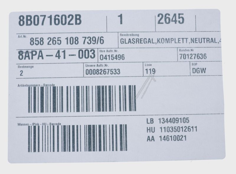 Glasablage für Kühlschrank Electrolux AEG 8582651087396 4er-Set