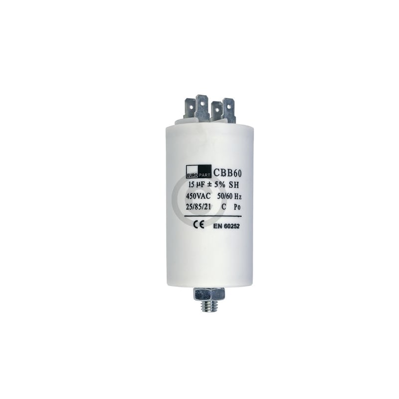 Kondensator 15µF 450V universal mit Steckfahnen Befestigungsschraube CBB60