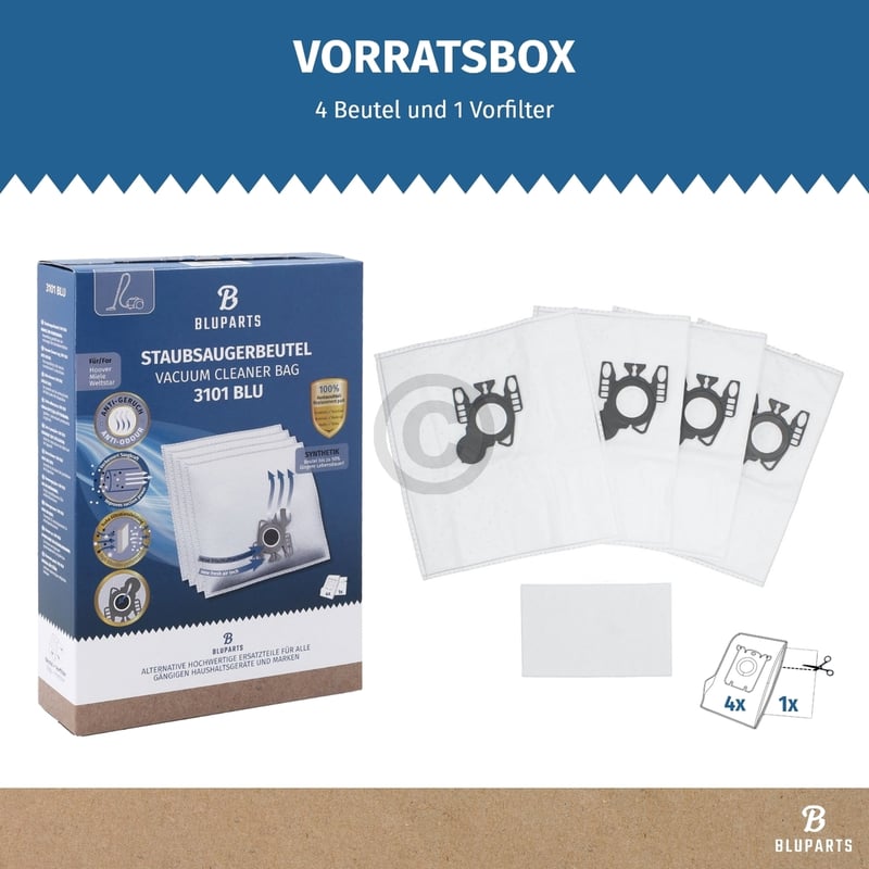 Filterbeutel passend für Miele TypG/N TypH für Bodenstaubsauger 4Stk + Vorfilter