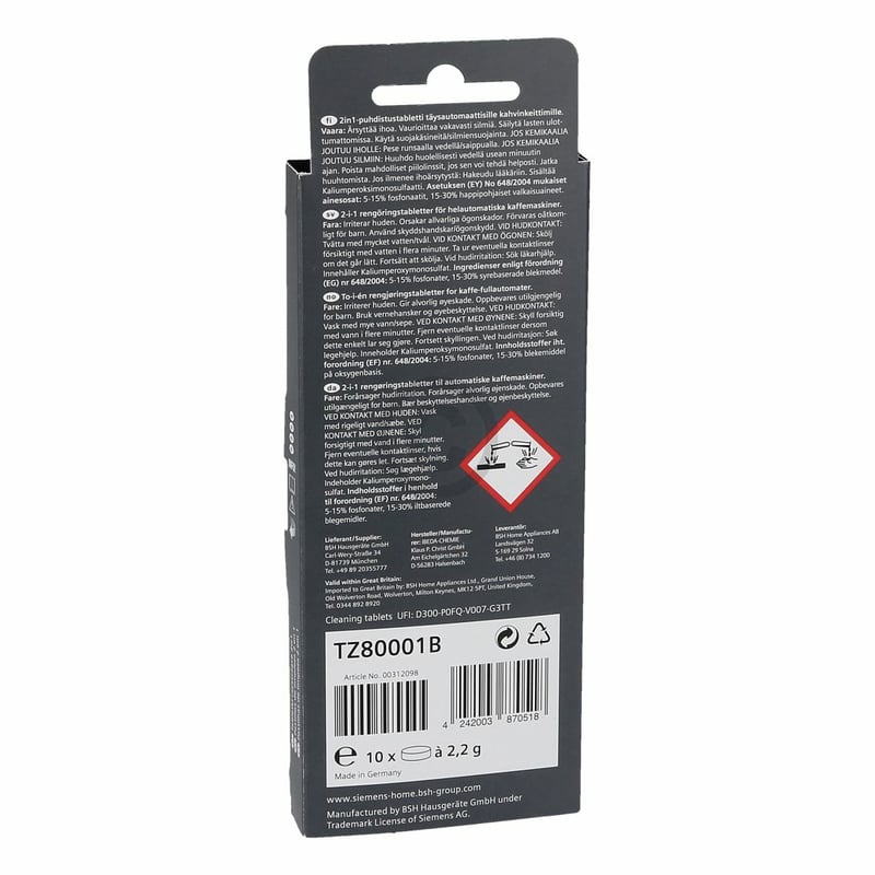Reinigungstabletten Siemens TZ80001B 00312098 für Kaffeevollautomaten 10x2,2g