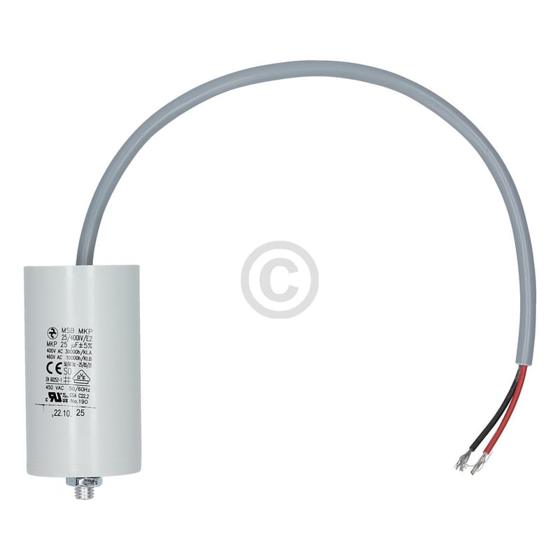 Kondensator 25µF 400V HYDRA MSB MKP 25/400IV/E2 UI mit Anschlusskabel und Befestigungsschraube