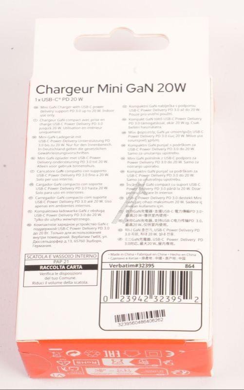 GaN Mini-Ladegerät 20W USB-C PD PPS für Handy Verbatim 32395 Schnelllader Kompakt