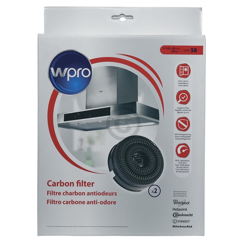 Kohlefilter Set Type58 Whirlpool 484000008782  AKB000/1 Wpro 142mmØ für Dunstabzugshaube 2Stk
