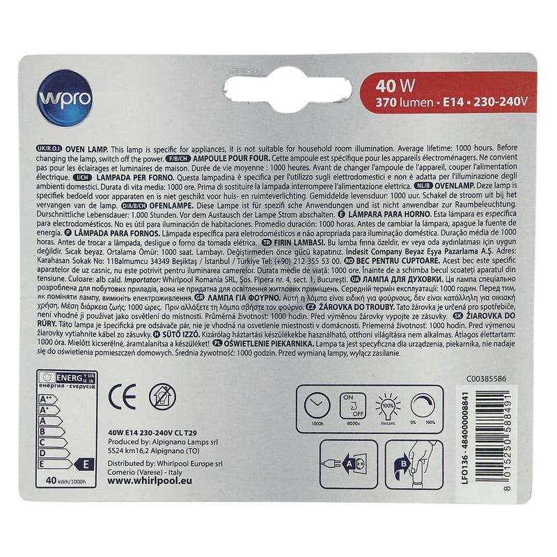 Lampe E14 40W 29mmØ 76mm 240V Wpro 484000008841 LFO136 für Backofen