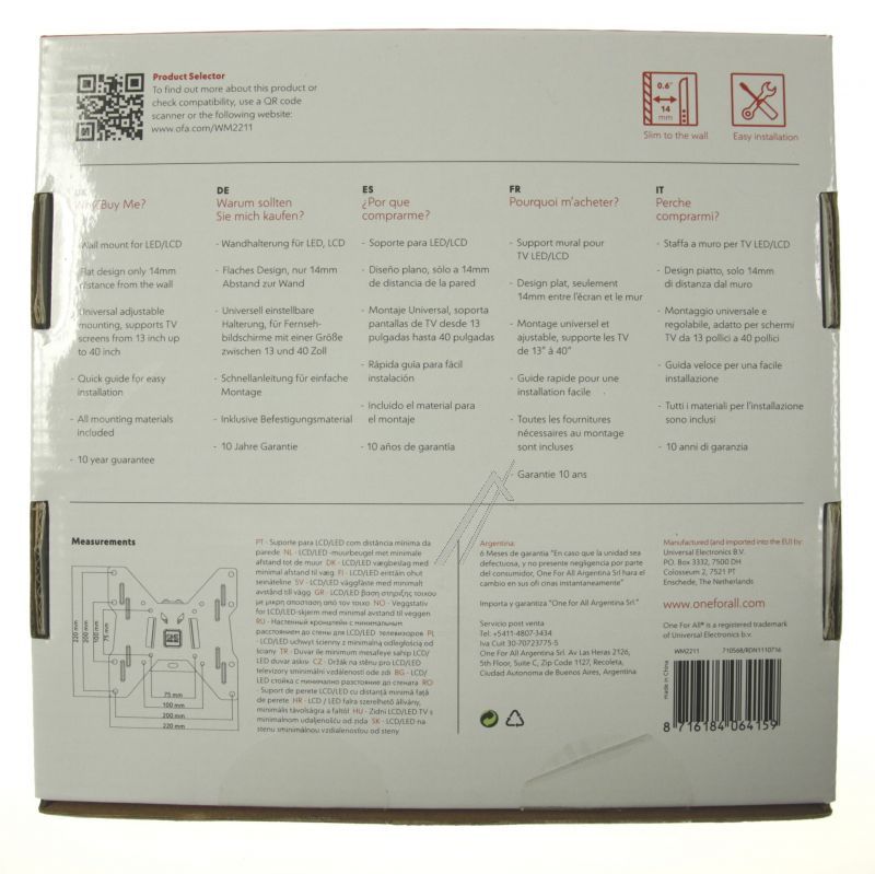 SmartLine TV-Wandhalter OneForAll WM2211 13"-43", flach, VESA 200