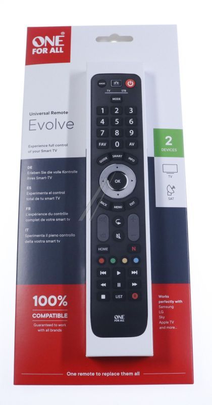 Universal-Fernbedienung Evolve 2 für Staubsauger One For All URC7125 Infrarot, für 2 Geräte, auch für TV & Receiver.