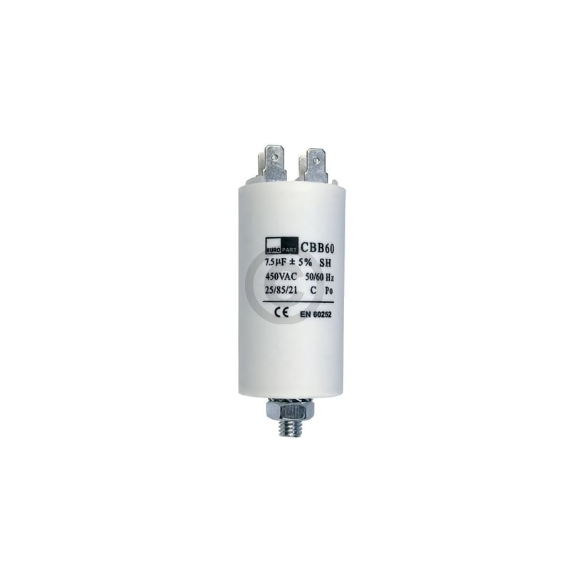 Kondensator 7,5µF 450V universal mit Steckfahnen und Befestigungsschraube CBB60
