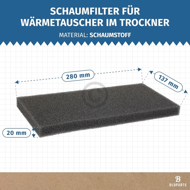 Schaumfilter für Wärmetauscher wie gorenje 810183 280x137mm in Trockner