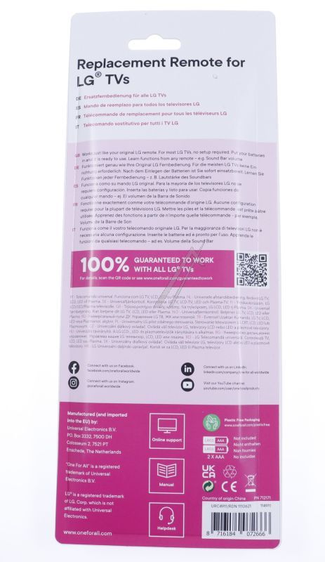 Fernbedienung für LG Fernseher One For All URC4911 Streaming-App-Tasten