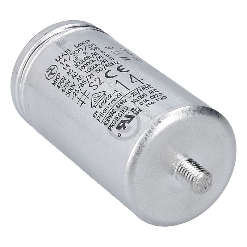 Kondensator 14µF 420V HYDRA AEG12182MB mit Steckfahnen Befestigungsschraube