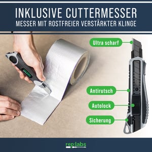 Reparaturklebeband [5m] Aluminium für das Abdichten von Löchern und Rissen im Außenbereich - Butylband temperatur- & wasserfest inkl. Gratis Cuttermesser