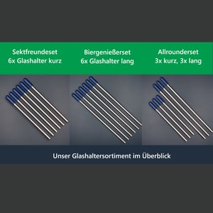 Edelstahl Glashalter für Geschirrspüler mit blauen Kappen - Set Sektfreunde