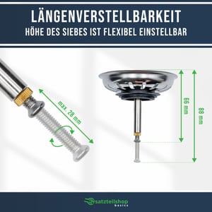 Siebkörbchen 81mmØ 1 1/2" mit Hubstange 8x48-69mm für Siebkorbventil Spülbecken