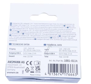 HC212-Netzteil für Ofen Ansmann 10010114 Dual-USB 2,4A