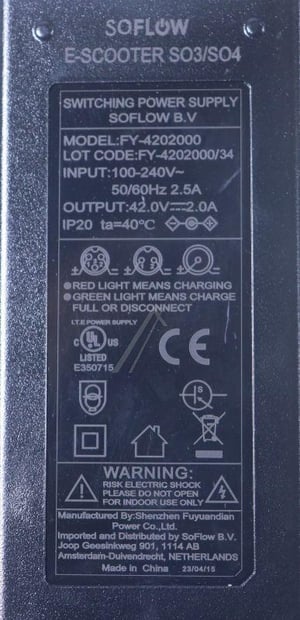 Ladegerät SoFlow 800.211.05 42V 2A für E-Scooter SO3 SO3 PRO SO4